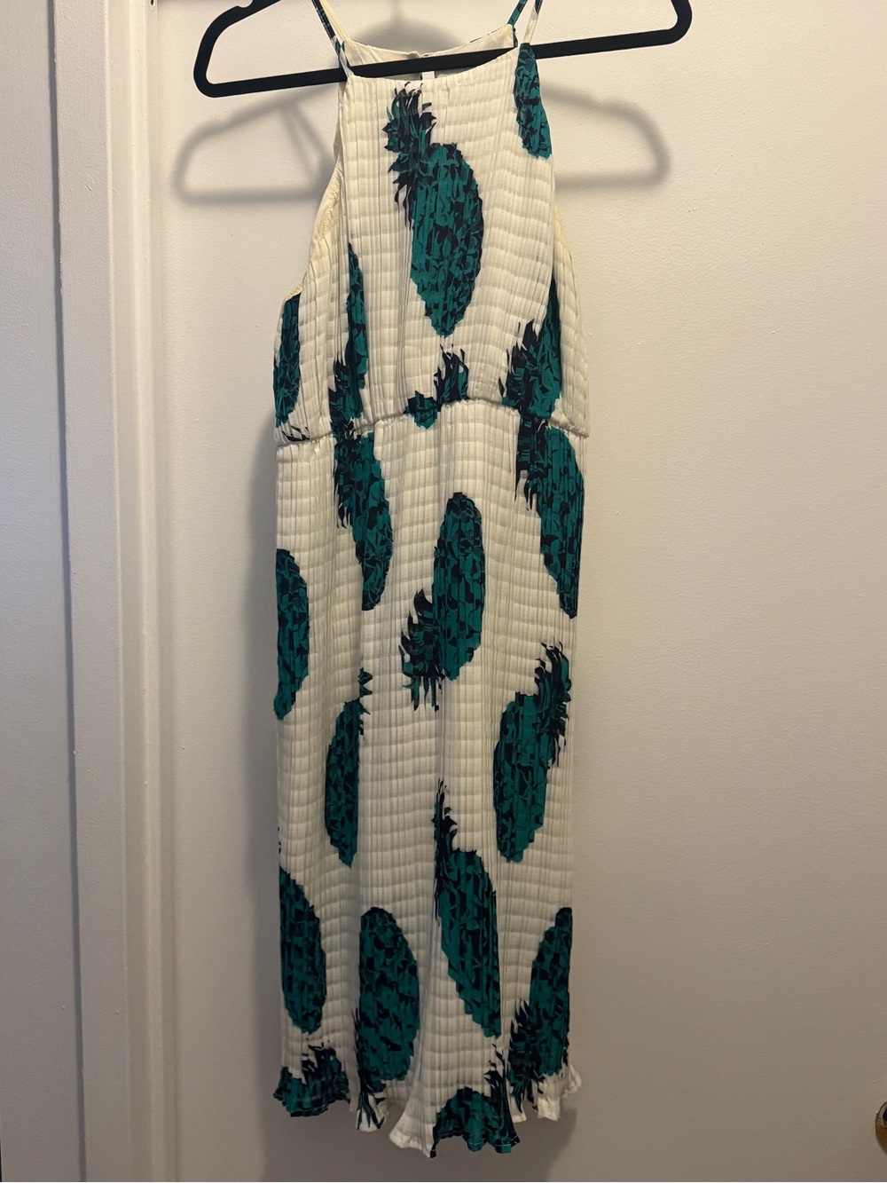 Sleeveless White Midi Dress with Teal Pineapple Print